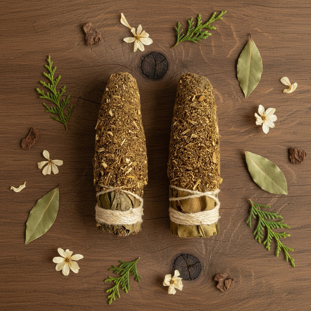 Two bundles of sage on a white background with green leaves and flowers.