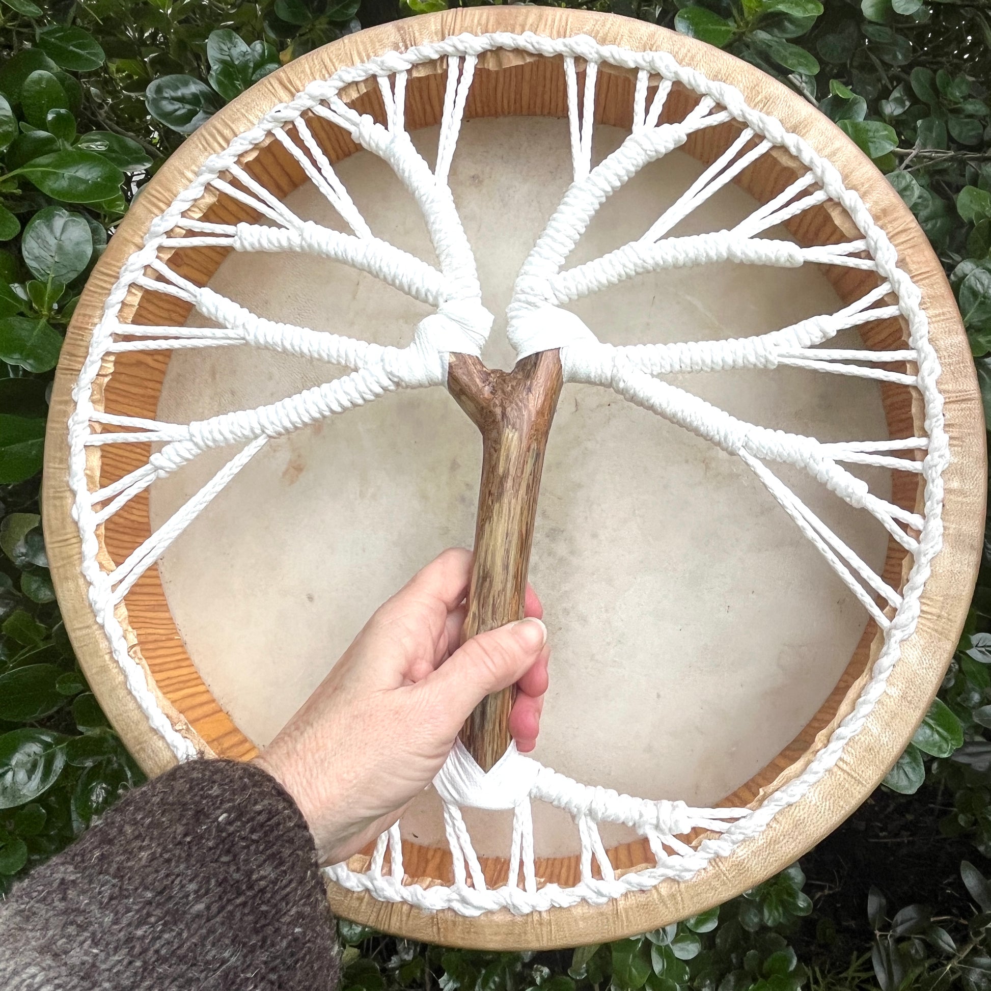 A hand holding a a large circular drum with white cord wrapping, photographed outdoors against green foliage.