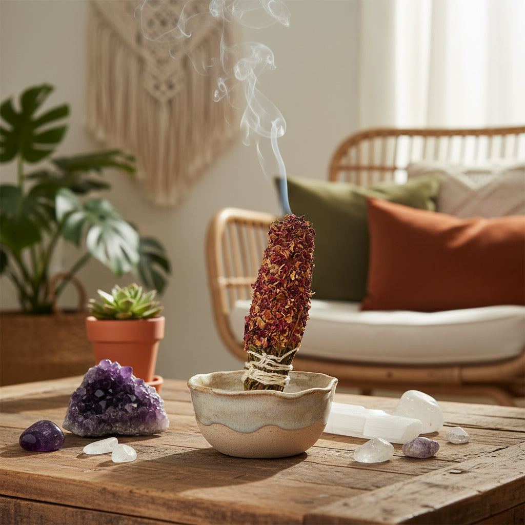 rose smudge stick lightly smoking on a coffee table