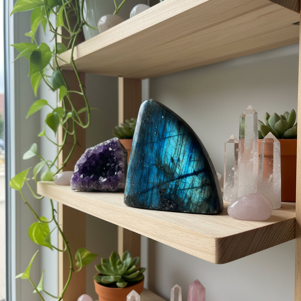 Labradorite stone on aa shelf with other crystals