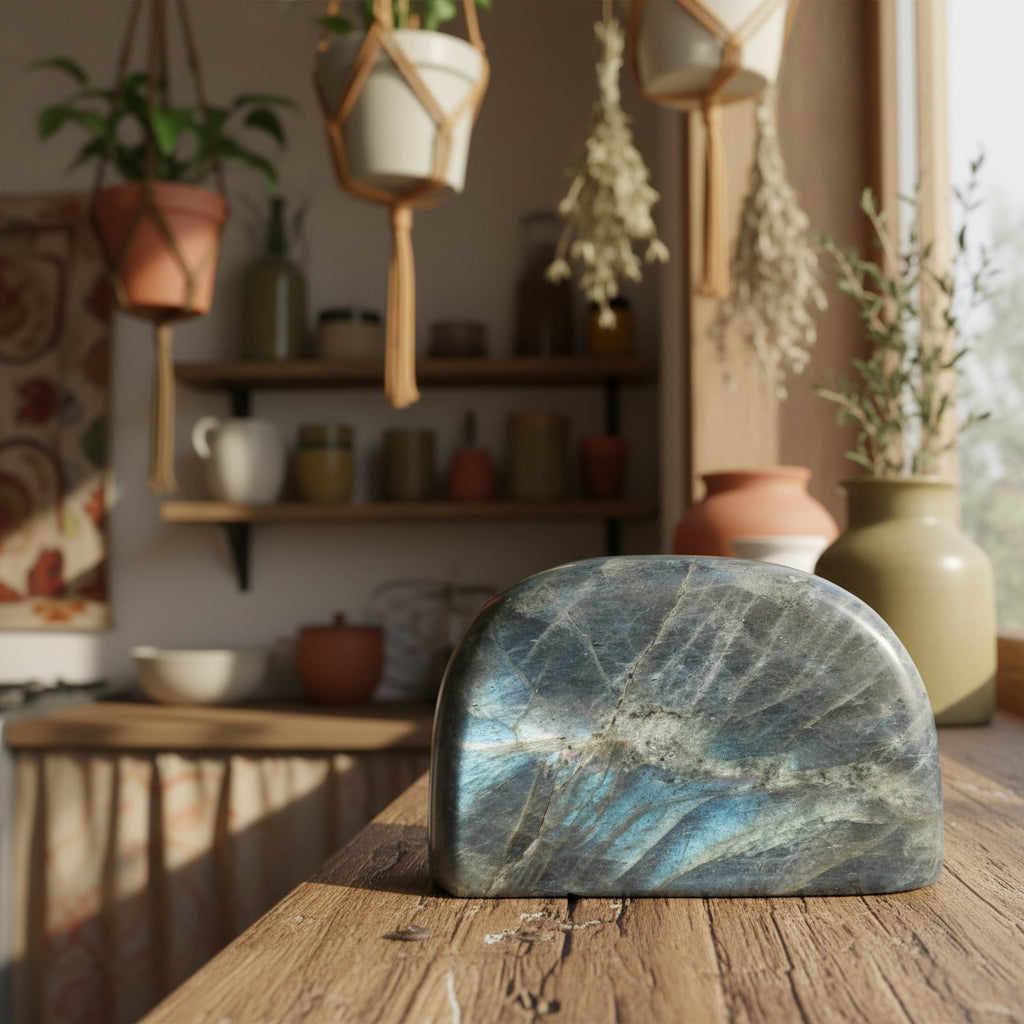 Polished labradorite stone on a wooden bench