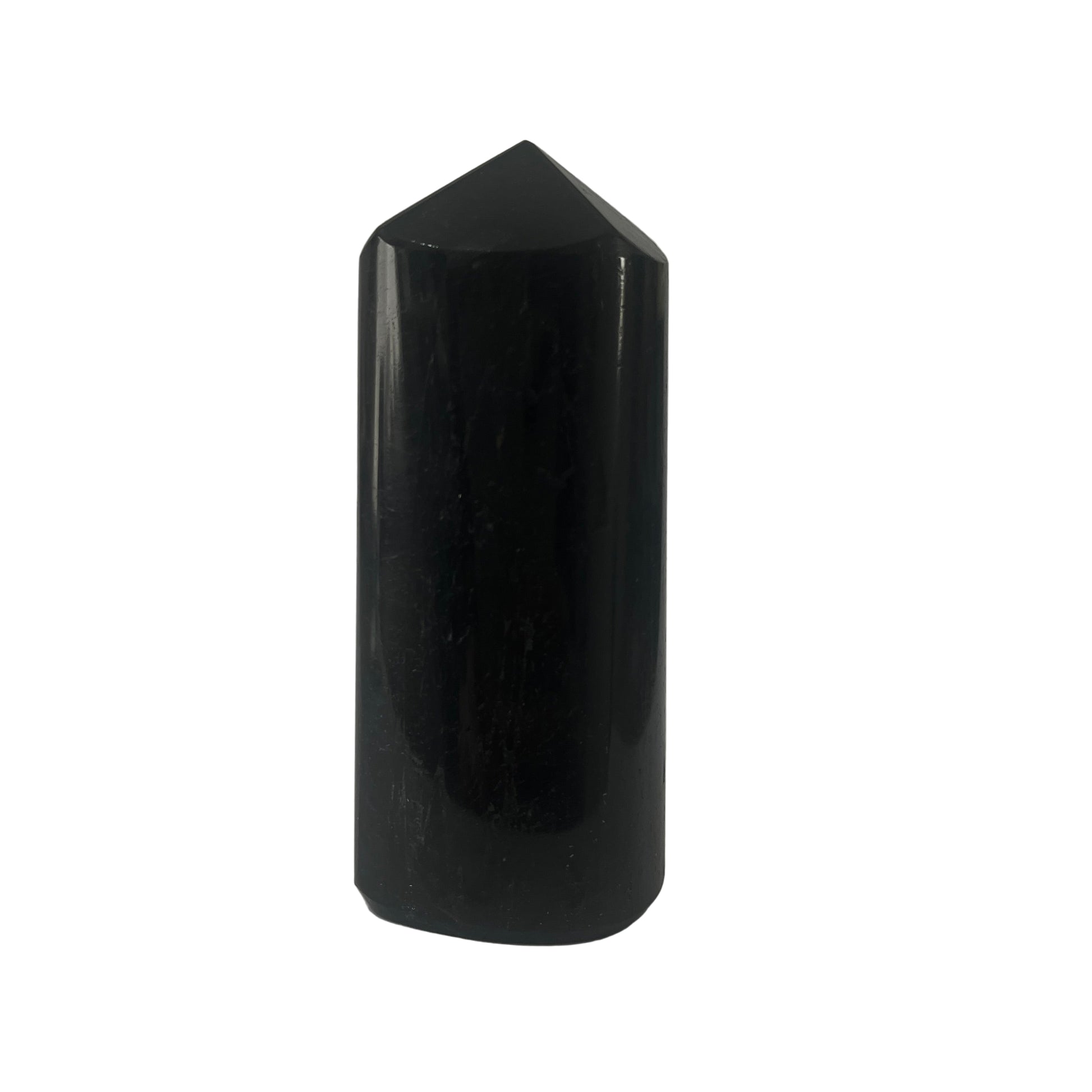 Black tourmaline crystal on a white background