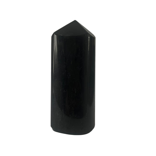Black tourmaline crystal on a white background