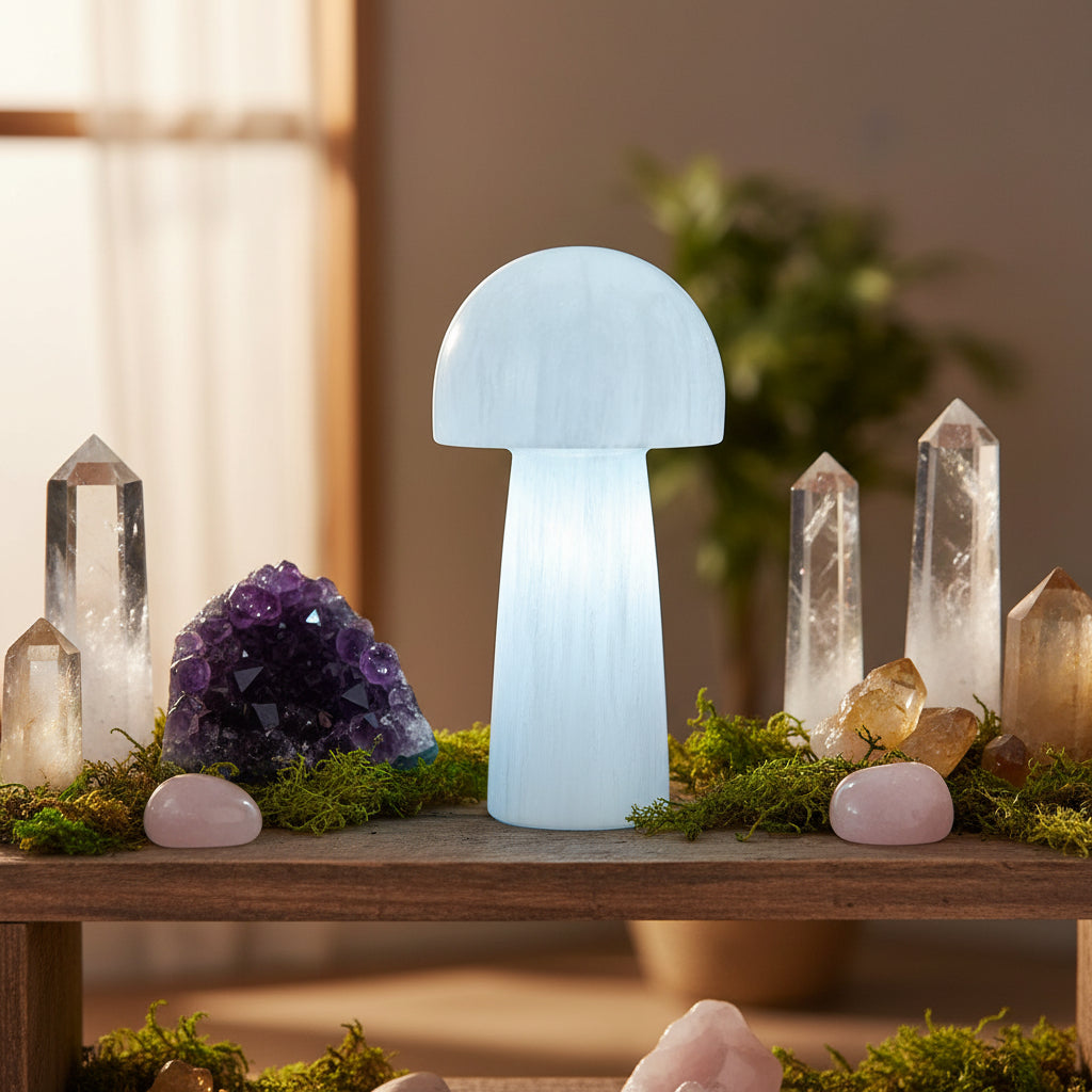 Mushroom-shaped selenite carving on table with moss and other crystals