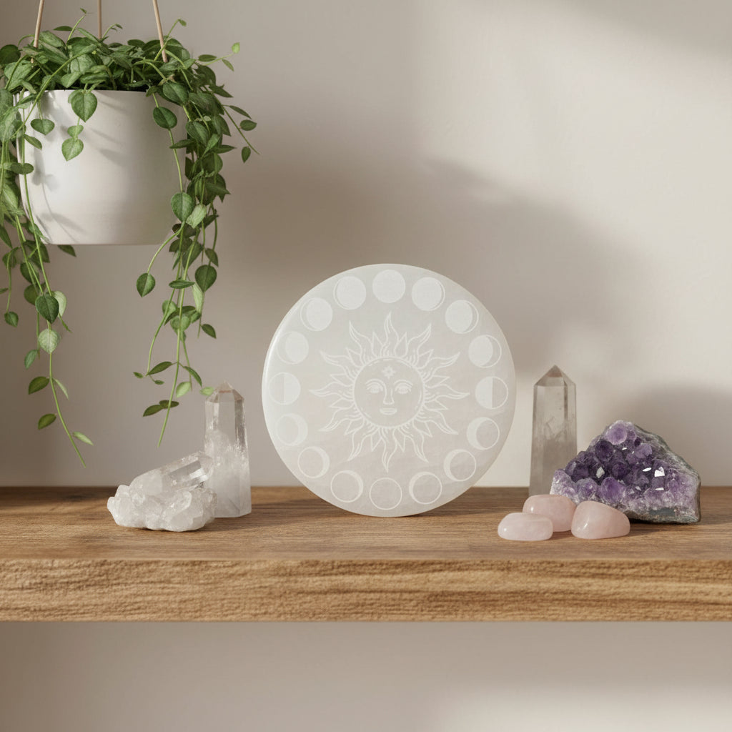 Selenite Charging Plate - Sun and Moon Phases Large