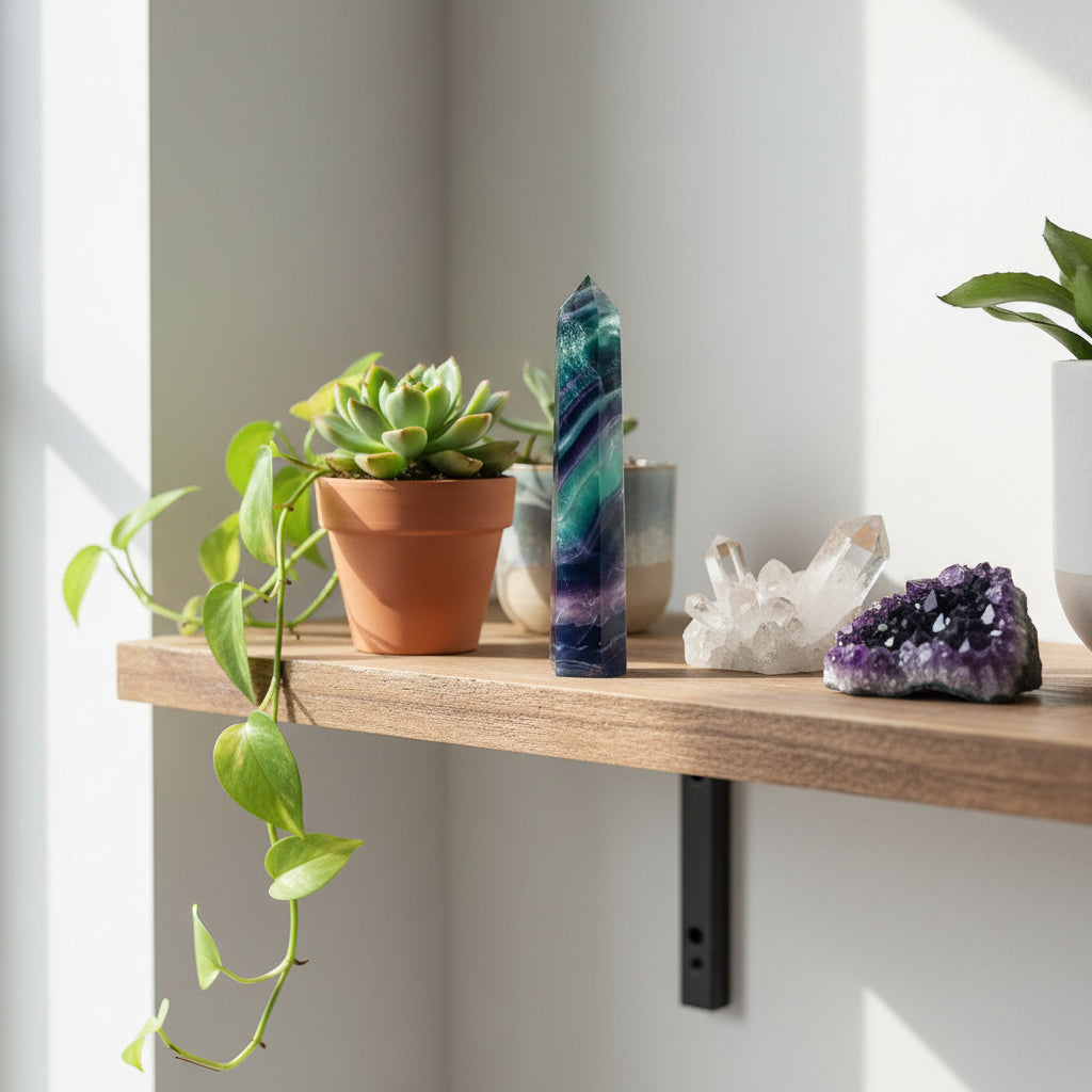 Multicolored crystal tower on a shelf with other crystals