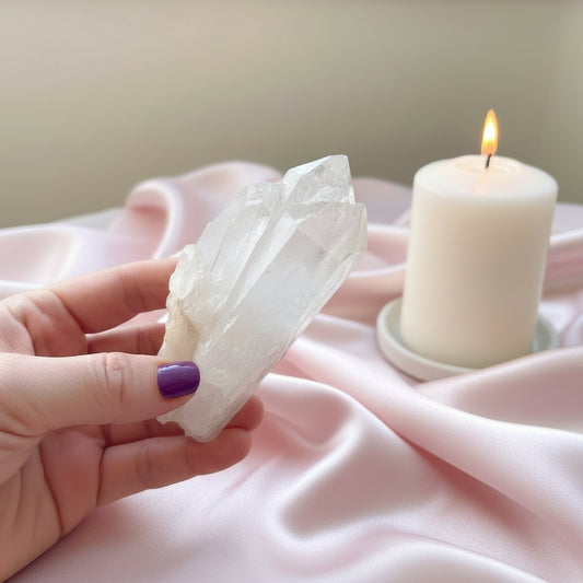Hand holding a crystal against a material backdrop