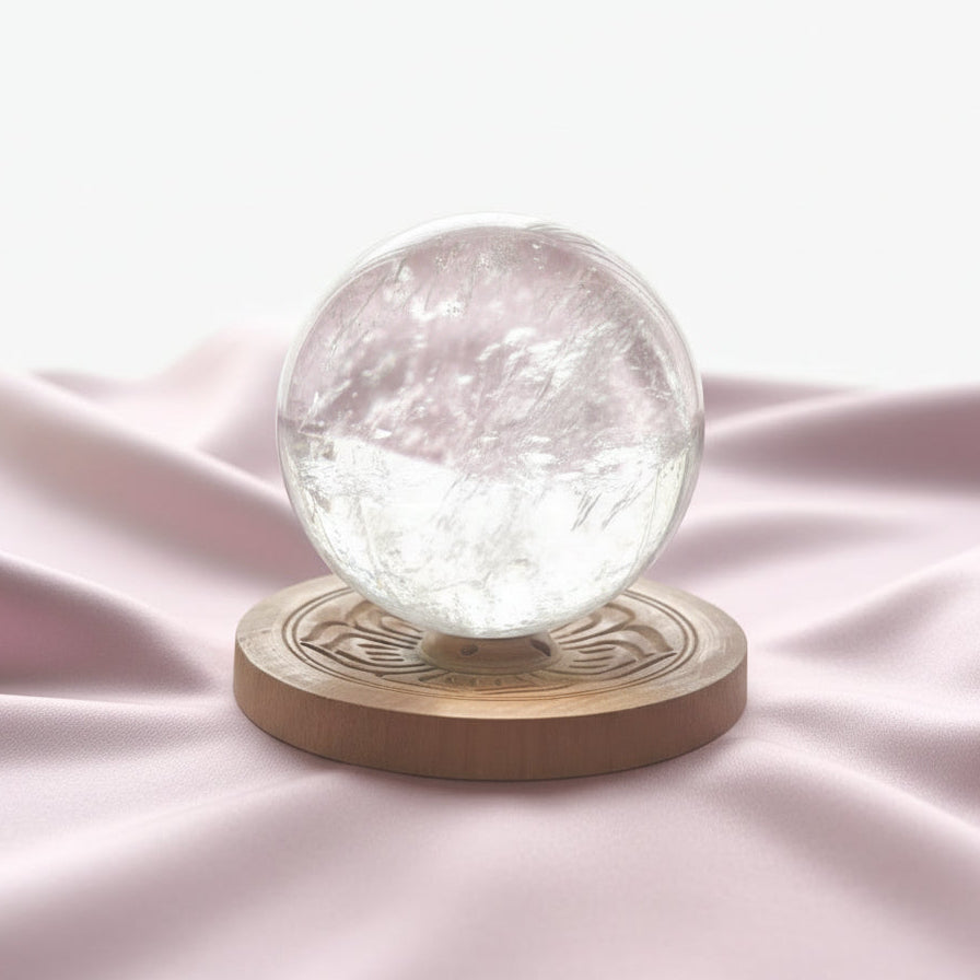 Clear crystal ball on a wooden base with a blurred background