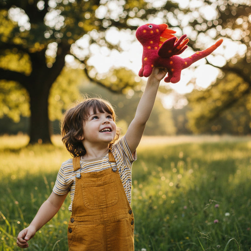 A handmade felt dragon toy in vibrant magenta pink, red, and orange, featuring yellow-orange spots and a yellow crest on its back, being played with by a child outdoors