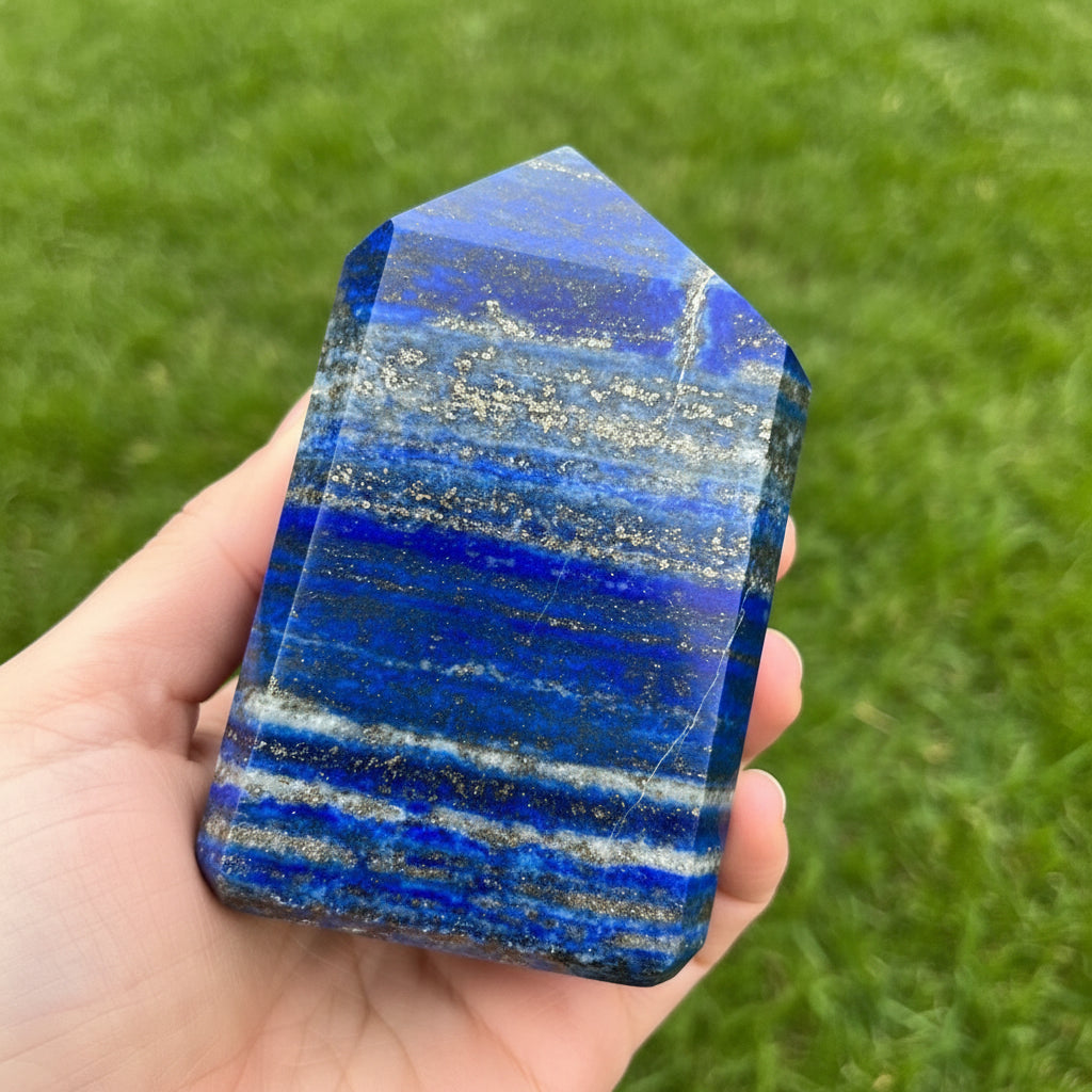 Blue lapis lazuli crystal held in a hand with a blurred grass background