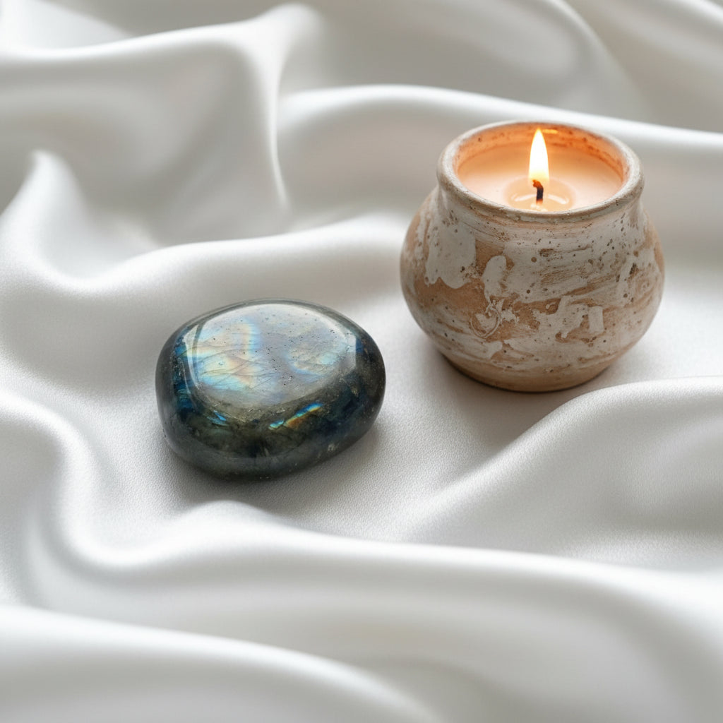 Labradorite stone with iridescent surface on a white background