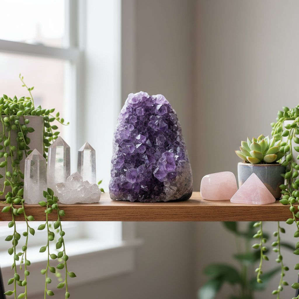 Amethyst crystal cluster on a shelf with crystals and plants