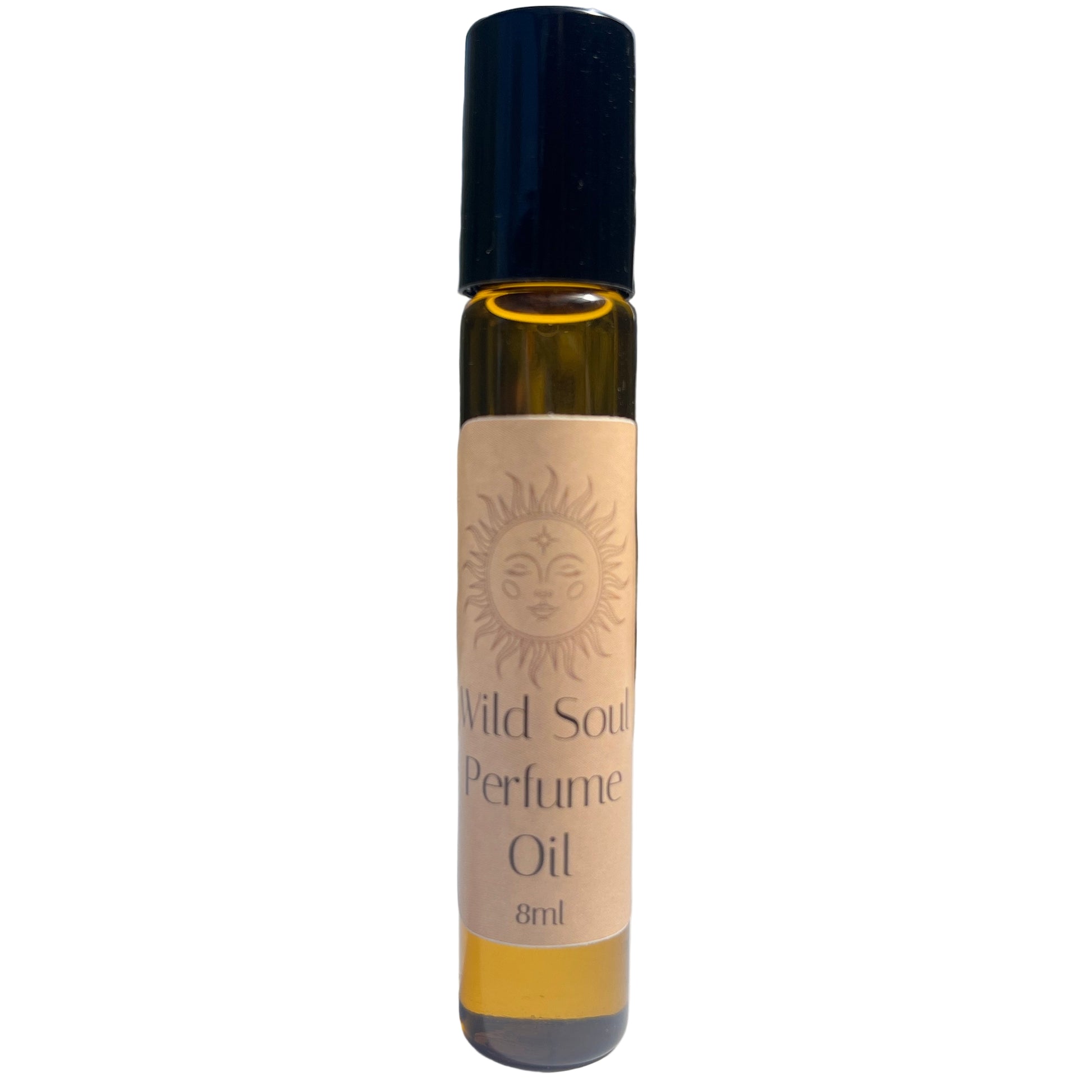 Roll-on bottle of Wild Soul Perfume Oil with a sun design on the label, 