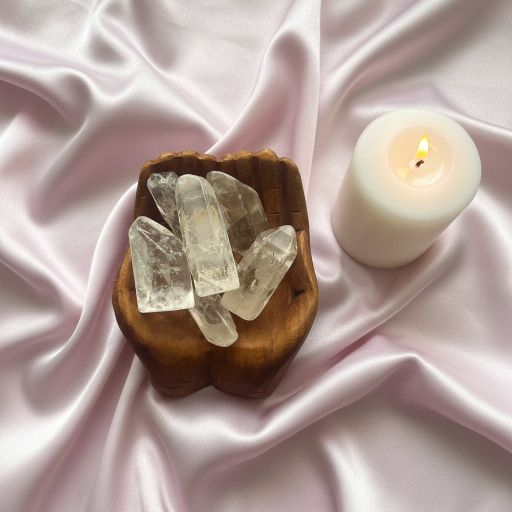 Clear crystal points on a wooden hand-shaped base 