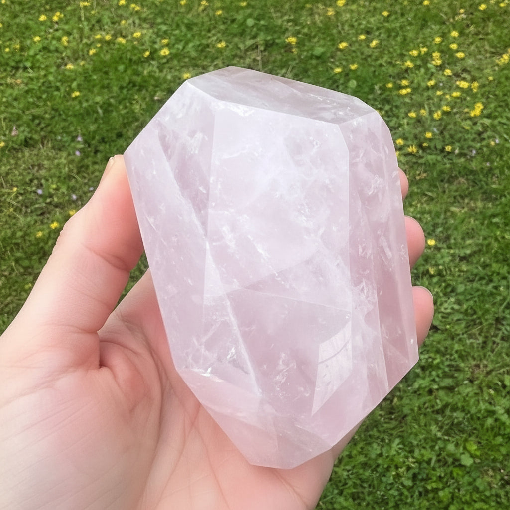 Hand holding a large crystal against a grassy background with yellow flowers