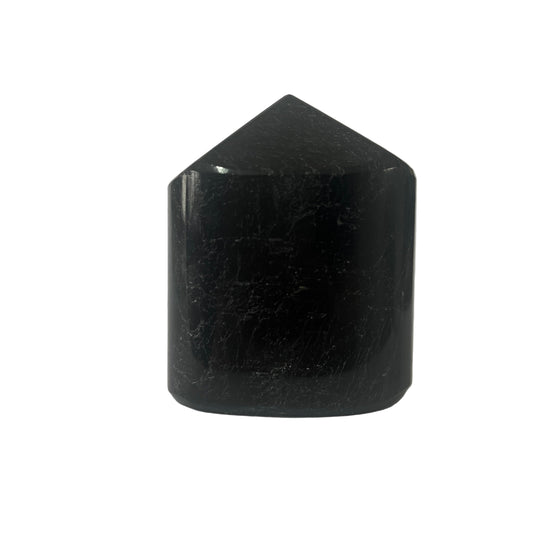 Black tourmaline crystal with a geometric shape on a white background