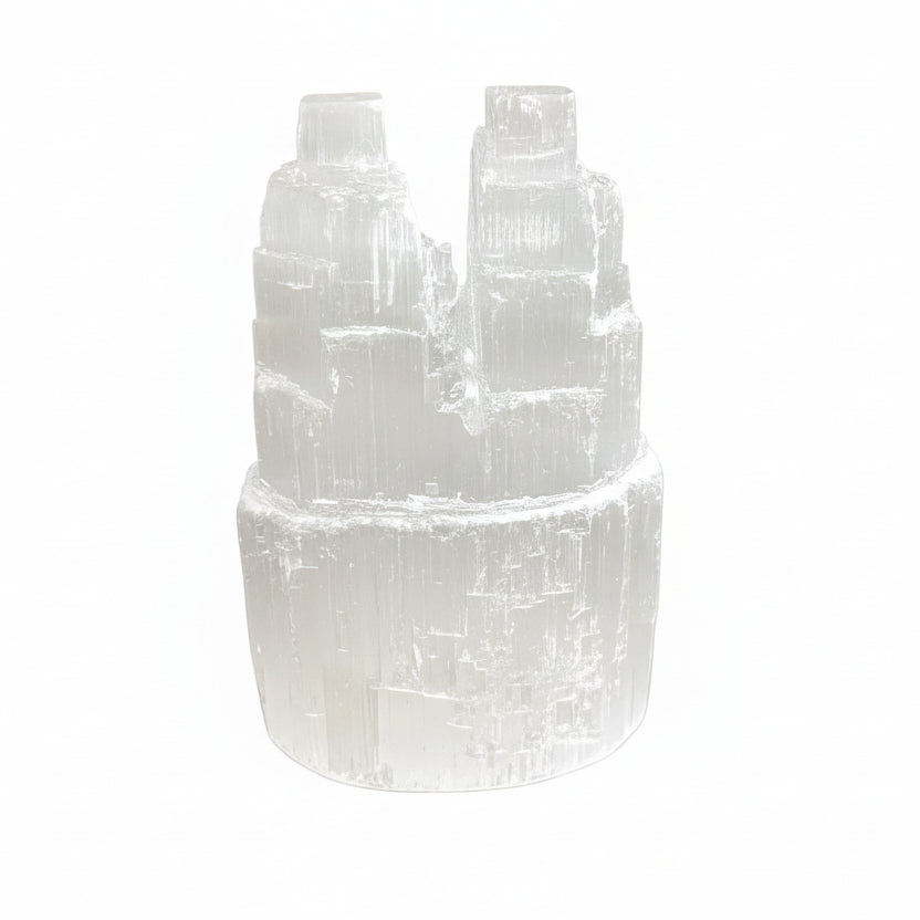 selenite crystal tower white background