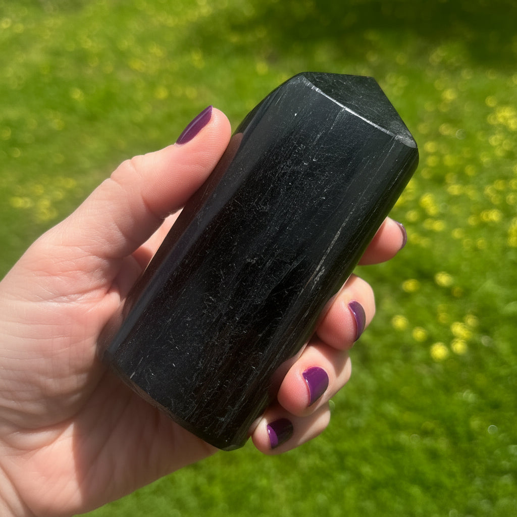 Hand holding black tourmaline against a green grass background