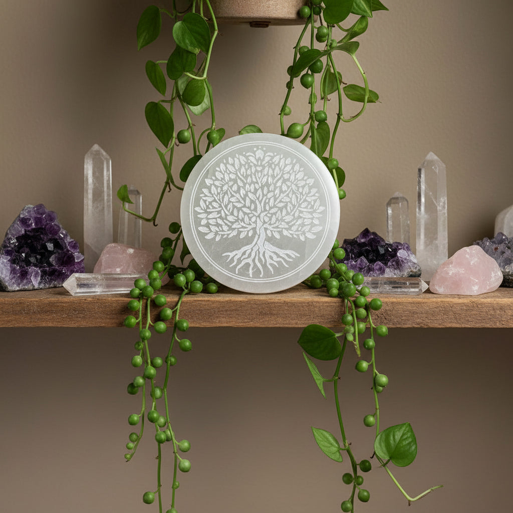 Round selenite charging plate with tree of life design 
