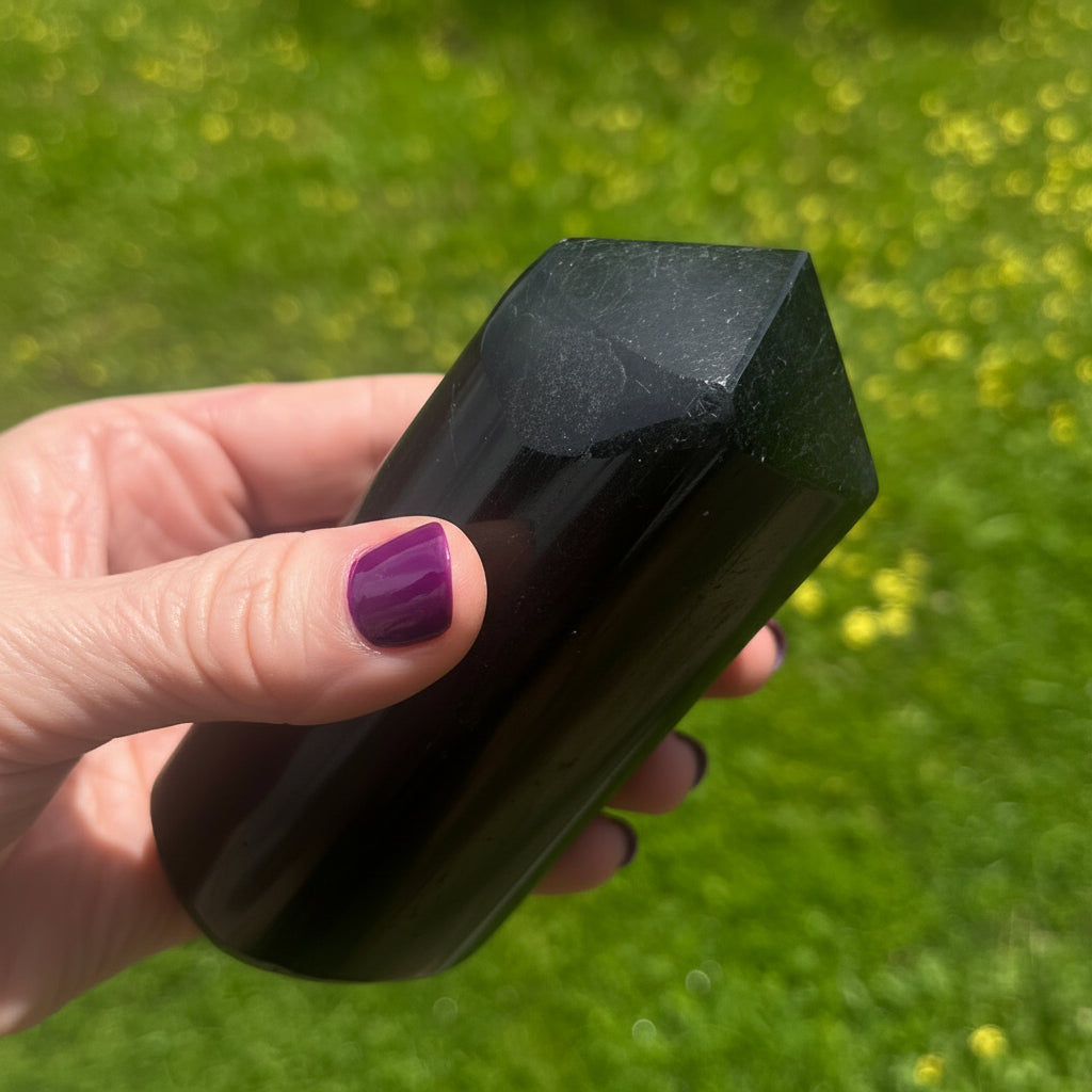 Hand holding a black tourmaline point against a green grass background