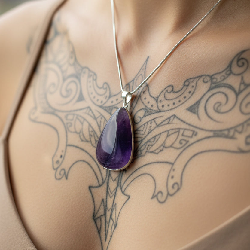 A teardrop-shaped purple amethyst gemstone pendant on a silver chain, 