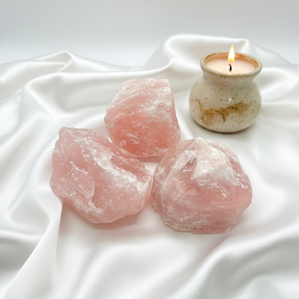 Three rose quartz chunks on a white surface
