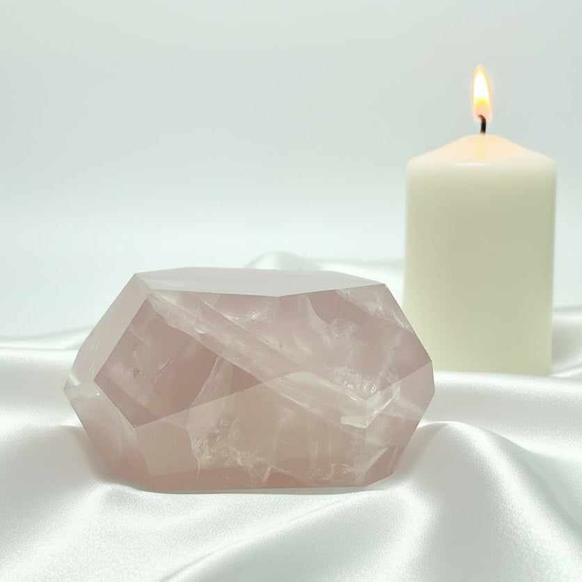 Faceted crystal on a reflective surface with a light background