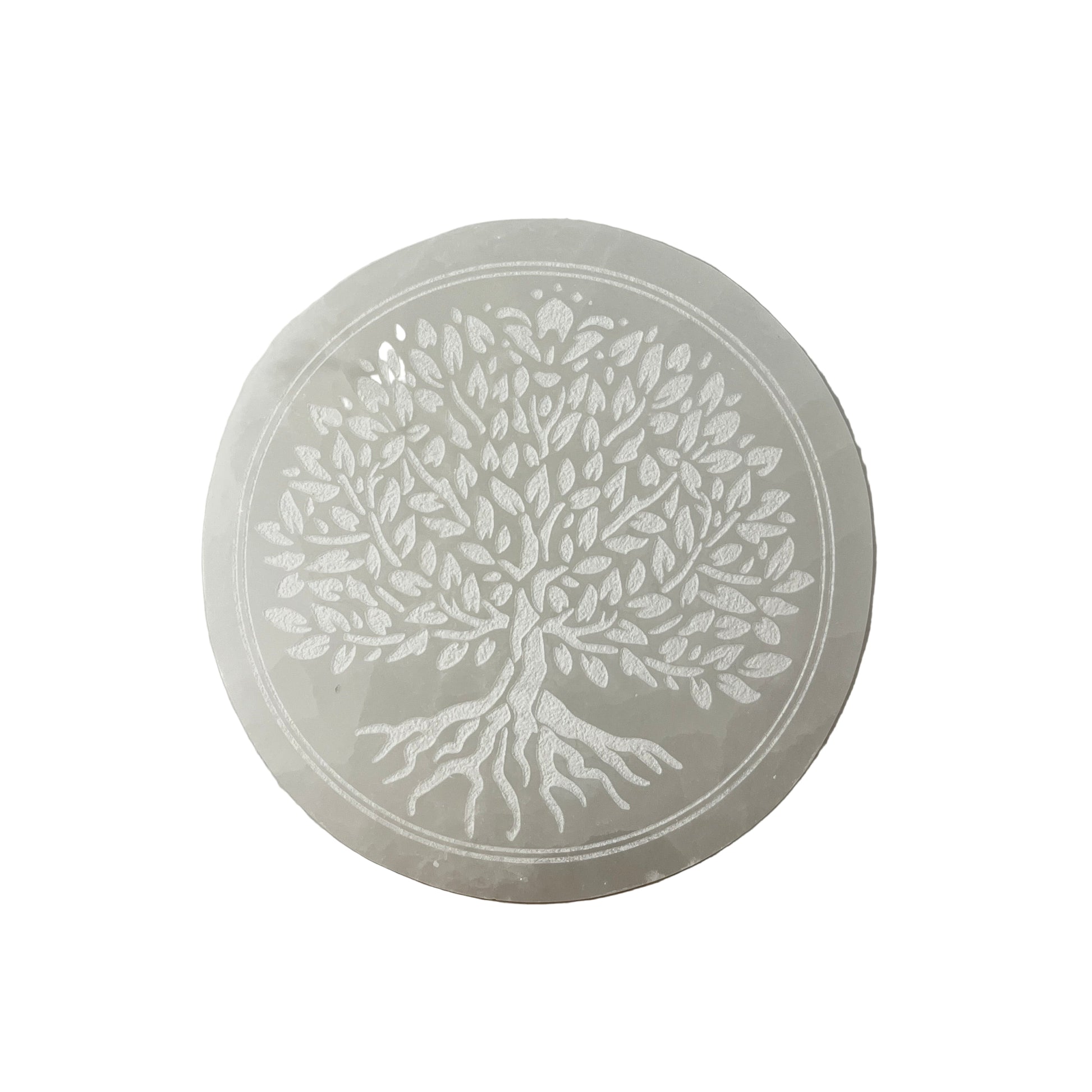 Round selenite charging plate with tree design 