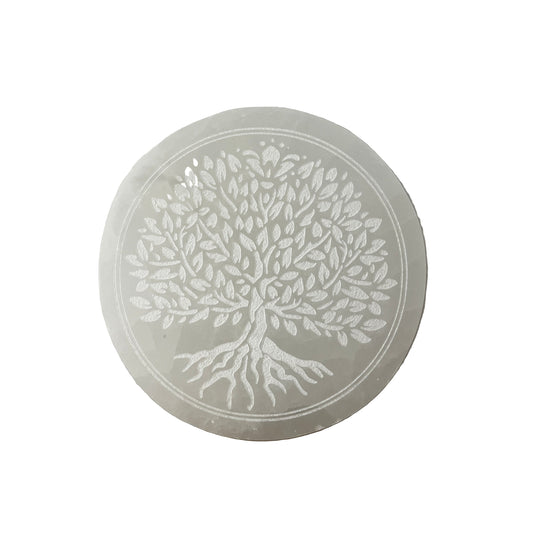 Round selenite charging plate with tree design 