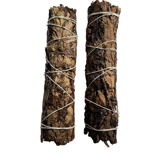 Two bundles of sage wrapped with twine on a white background
