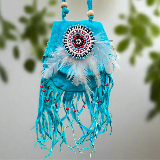 Medicine Pouch Aqua with Beads - The Crescent Moon