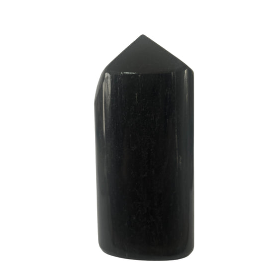 Black Tourmaline crystal towerd on a white background