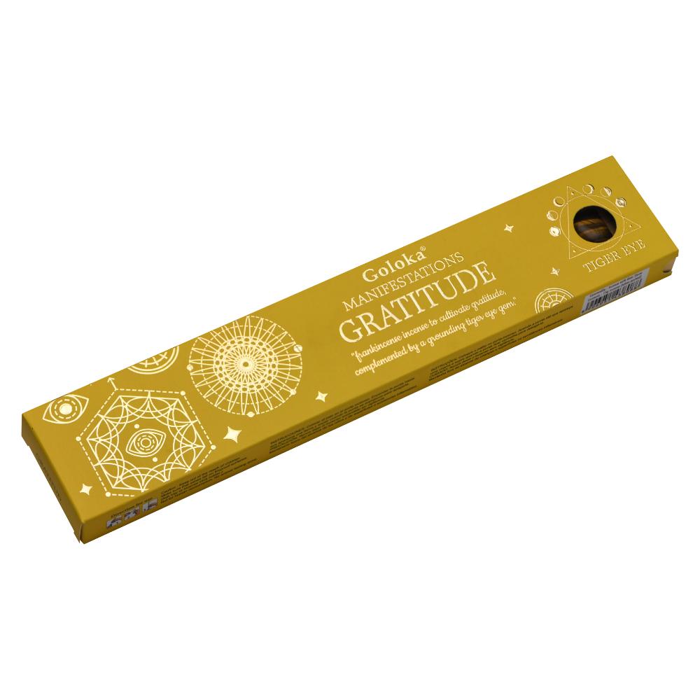Yellow box of Goloka Incense Sticks with 'Gratitude' text on a white background