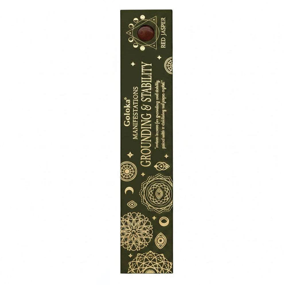 Goloka incense stick box with gold text and designs on a white background