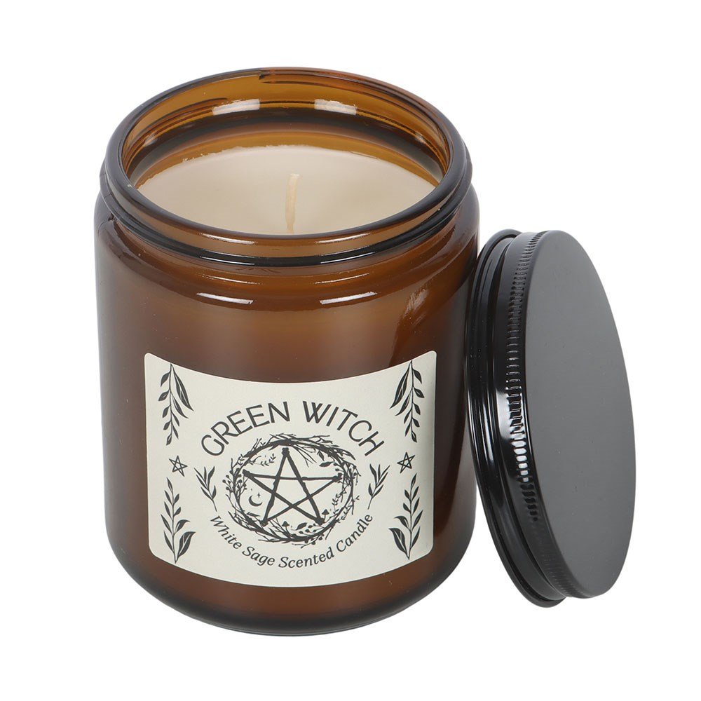 Brown candle jar with 'Green Witch' label on a white background