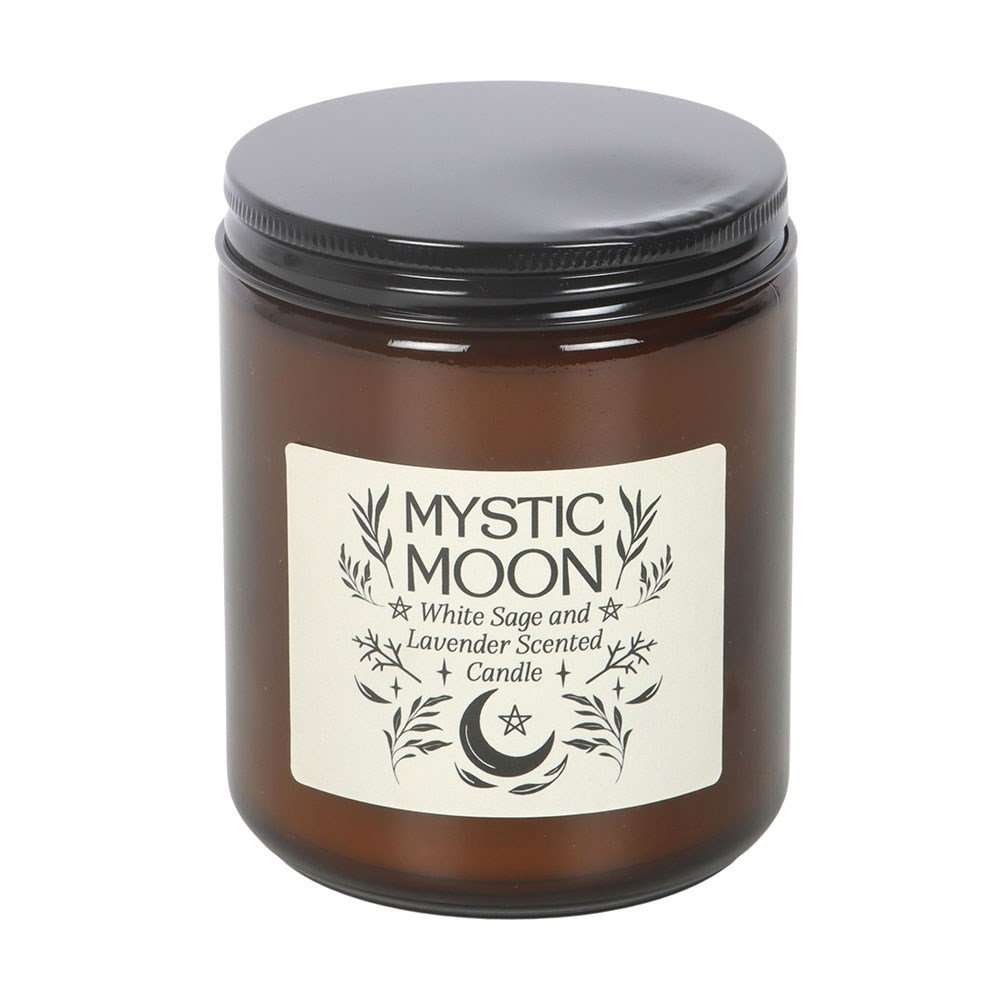 Mystic Moon candle jar with label on a white background