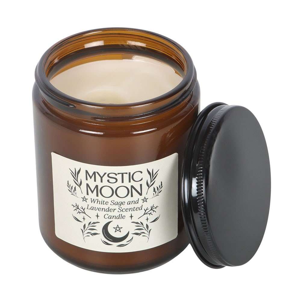 Mystic Moon candle in an amber jar with a black lid on a white background