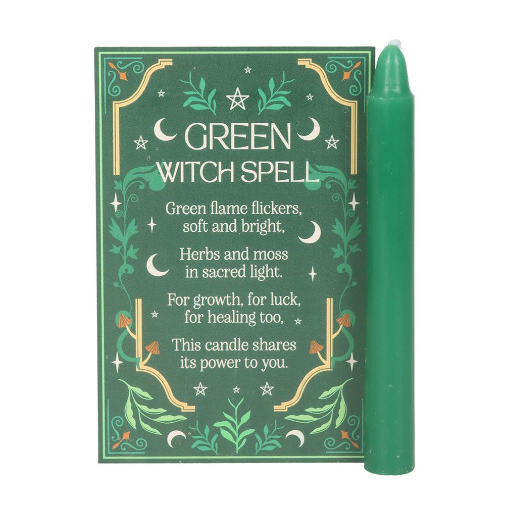 Green candle with decorative packaging featuring text and illustrations on a white background