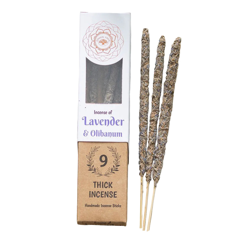 Incense sticks with packaging labeled 'Lavender & Olibanum' on a white background