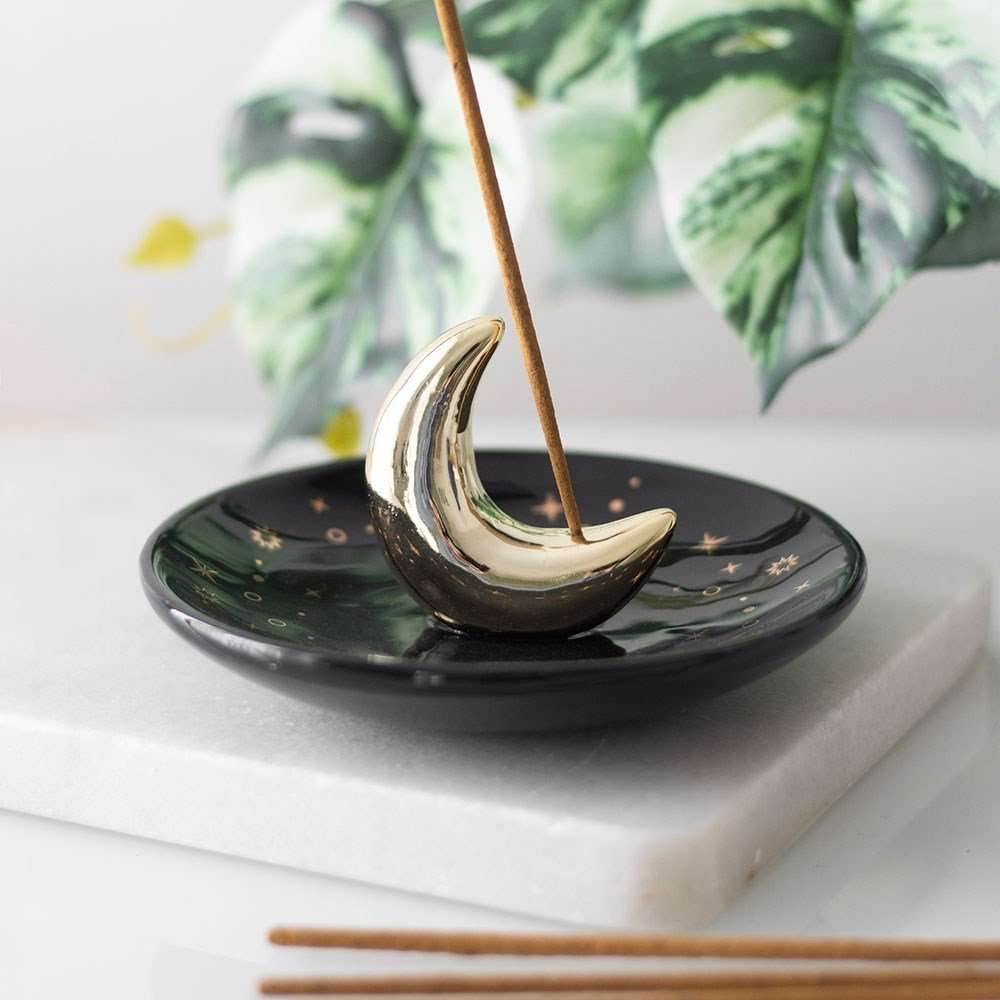 Black & Gold Crescent Moon Ceramic Incense Holder – Celestial