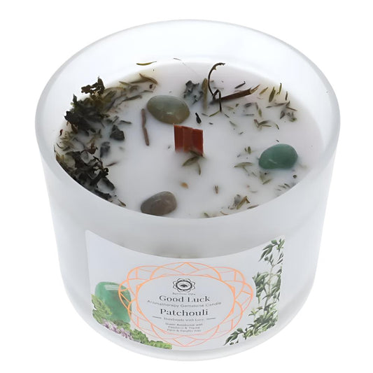 Crystal candle with patchouli, thyme and green aventurine