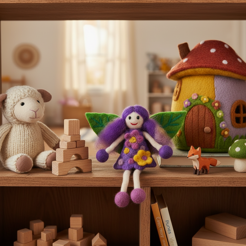 A handmade felted wool fairy doll with purple hair and wings, green wings, a purple dress decorated with yellow and pink flowers, and a white face, 