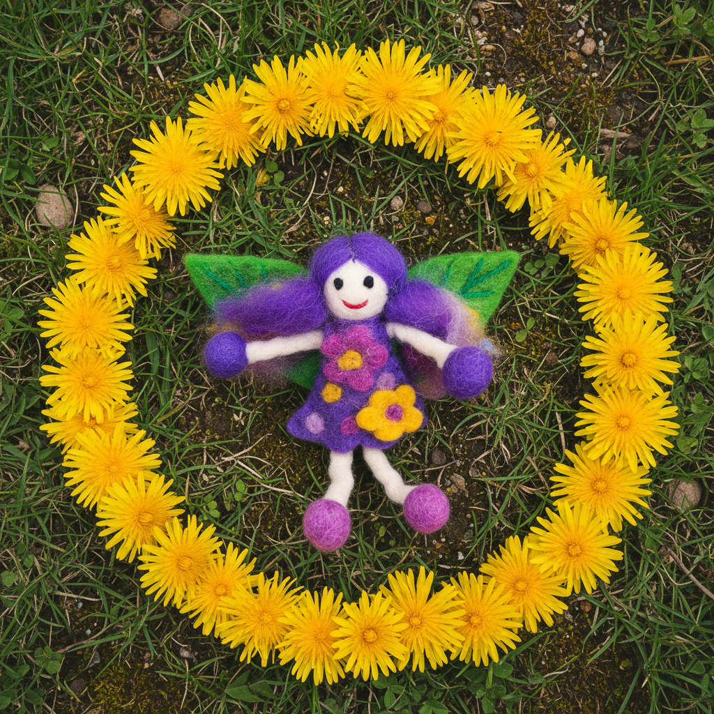 A handmade felted wool fairy doll with purple hair and wings, green wings, a purple dress decorated with yellow and pink flowers, and a white face, on green grass with daisy ring