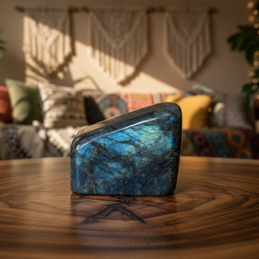 Labradorite stone on a wooden table in a lounge room
