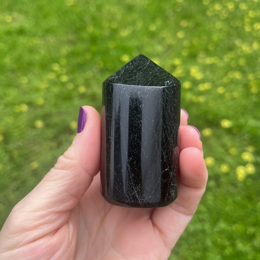 Hand holding a dark crystal against a grassy background
