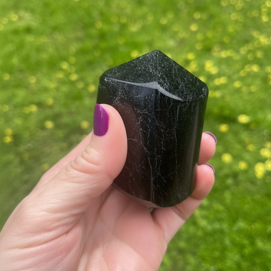 Hand holding a black tourmaline crystal against a green grass background