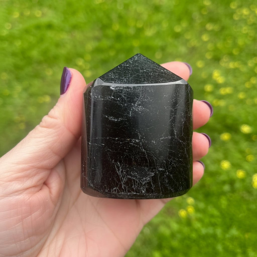 Hand holding a black tourmaline crystal against a green grass background