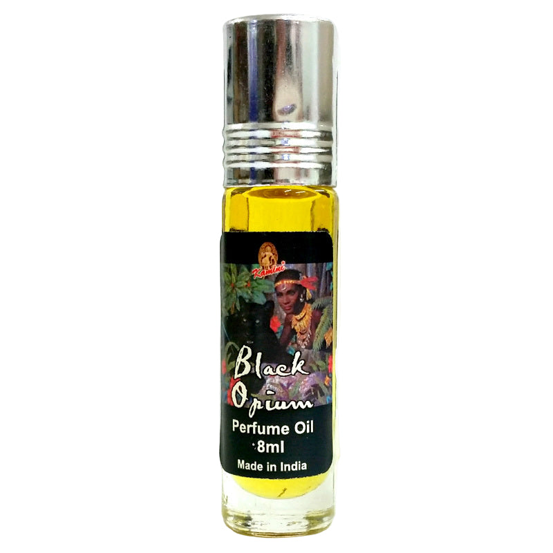 Perfume oil bottle labeled 'Black Opium' with a silver cap on a white background