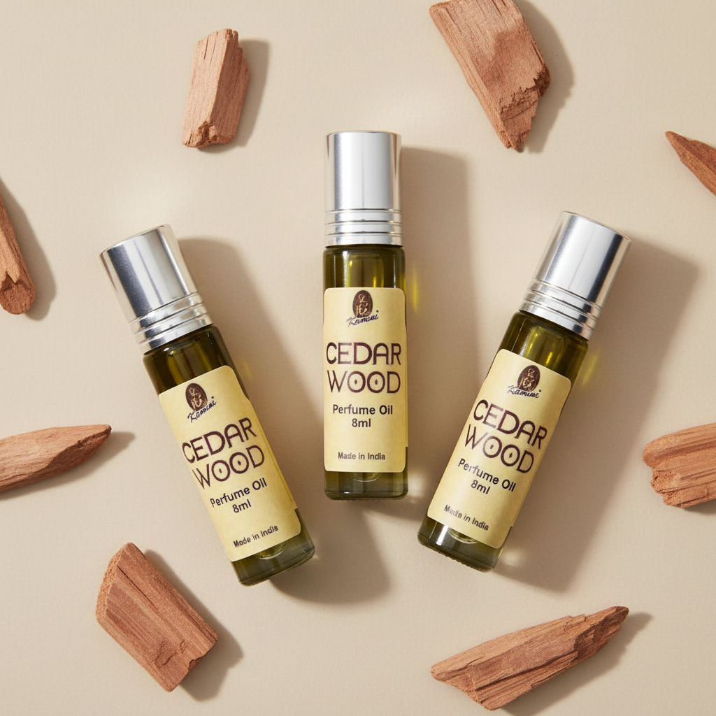 Three small roll-on perfume oil bottles labeled Cedar Wood Perfume Oil 8ml, arranged in a row 
