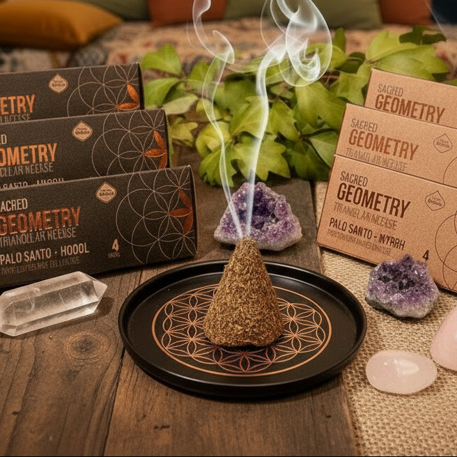 Sacred Geometry incense packaging on a wooden surface with plants